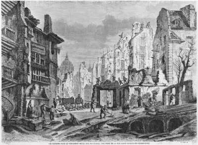 Paris, Abrisse für den Bau der Rue des Ecoles, Blick von der Rue Saint-Nicolas du Chardonnet, graviert von Charles Maurand (19. Jahrhundert) von Felix Thorigny